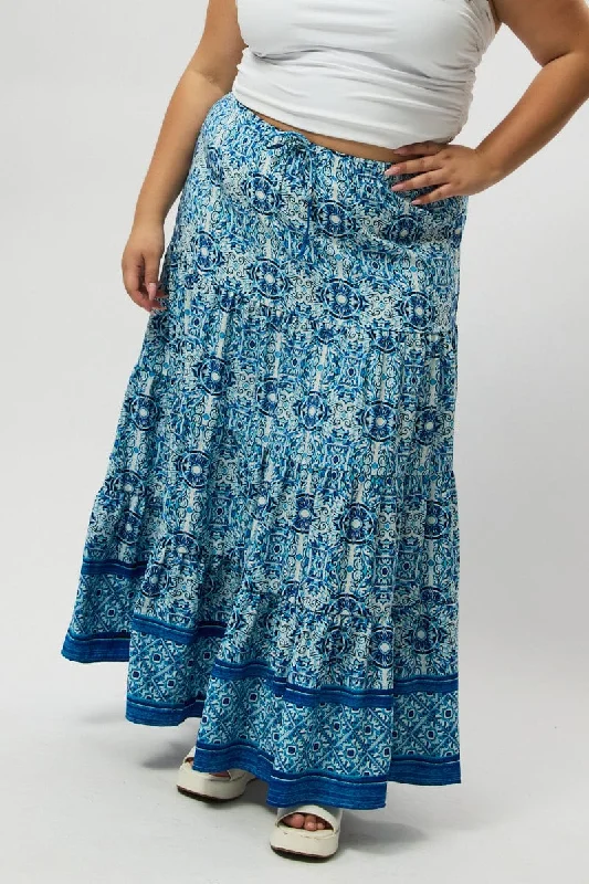 Blue Boho Elastic Waist Border Print Tiered Maxiskirt