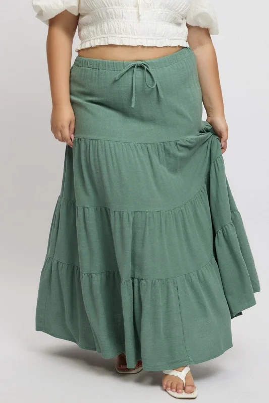 Green Elastic Waist Tiered Linen Blend Maxiskirt