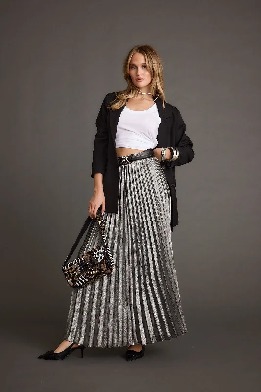 Electric Love Gunmetal Metallic Pleated Maxi Skirt