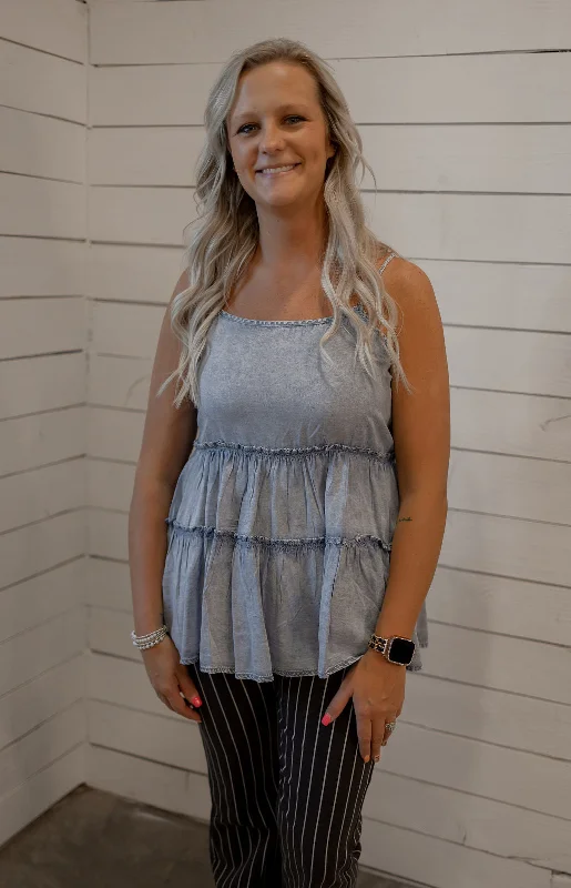 MELAINA WASHEDY CHAMBRAY TIERED TANK TOP