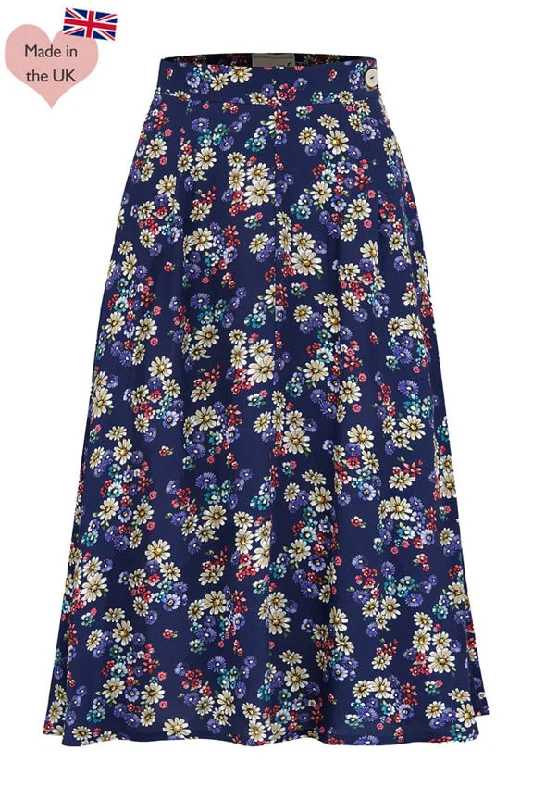 Joan A Line Skirt In  Navy Daisy Print