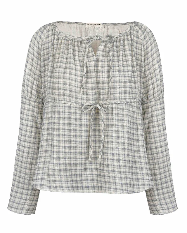 Gauze Long Sleeve Blouse - Faded Blue Check