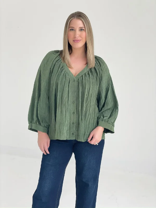 Bella Balloon Sleeve Blouse - Olive