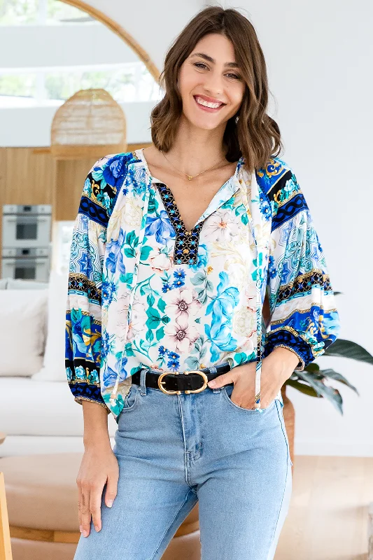 FINAL SALE | Angela Blouse Blue Bouquet Print