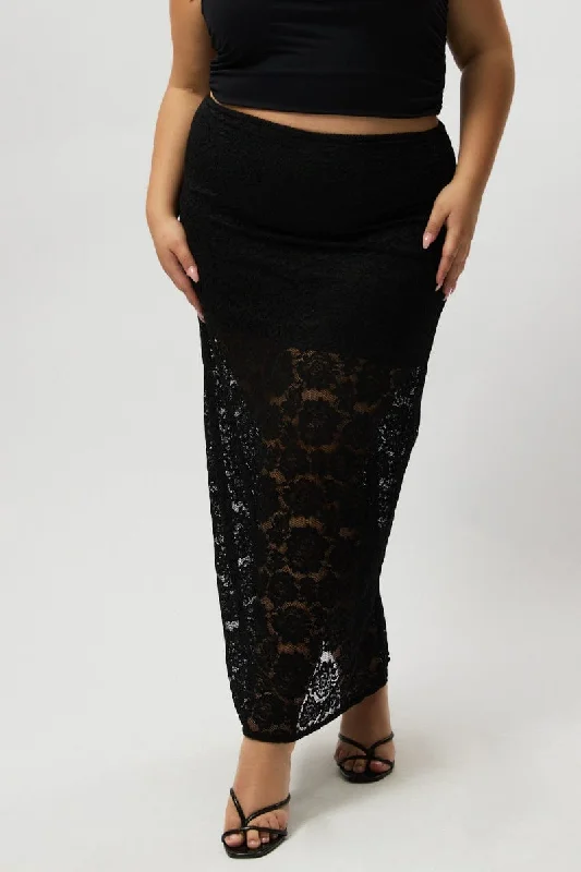 Black Stretch Lace Maxi Skirt