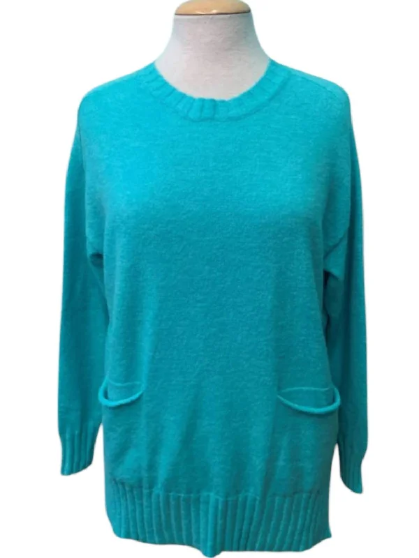 Women's Crew Neck Pocket Knit Sweater In Peacock