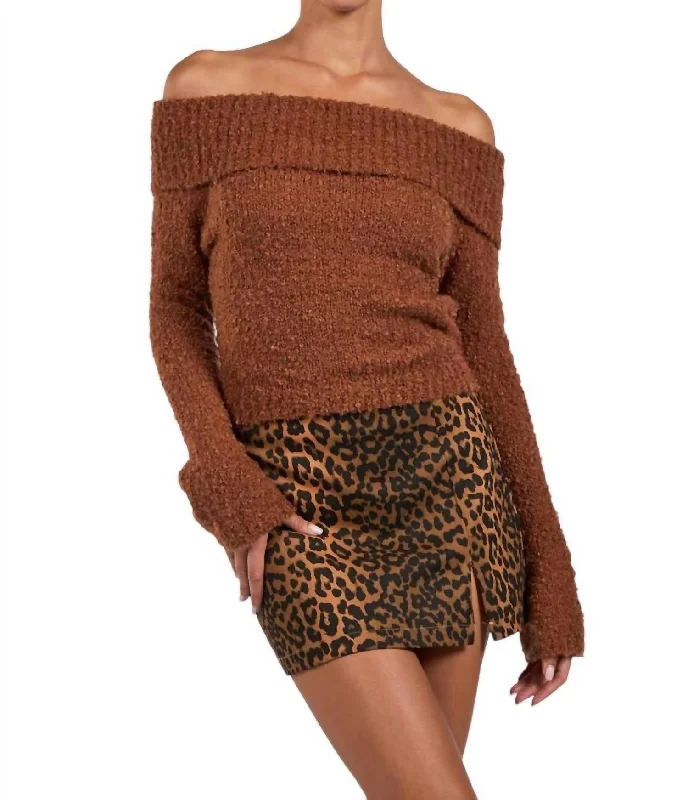 Bliss Off Shoulder Sweater In Brown