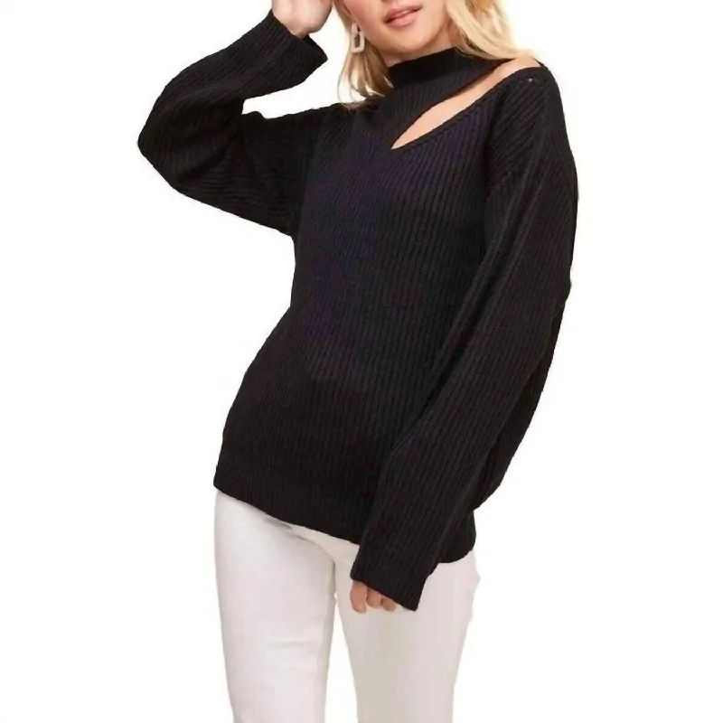 Neck Cutout Ribbed Knit Mock Neck Sweater In Black