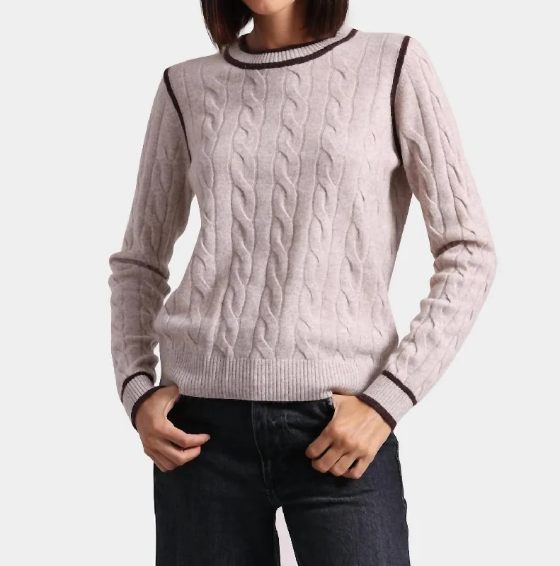 Cashmere Mixed Stitch Crew With Tipping Sweater In Ecru/chocolate