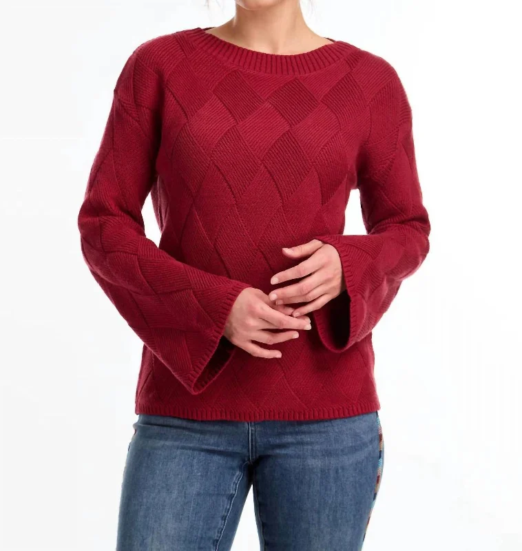 Long Sleeve Boat Neck Sweater In Red Pattern