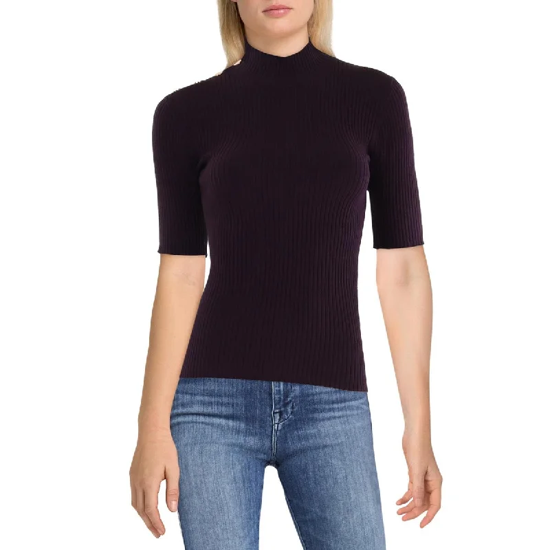 Womens Ribbed Knit Short Sleeve Funnel-Neck Sweater