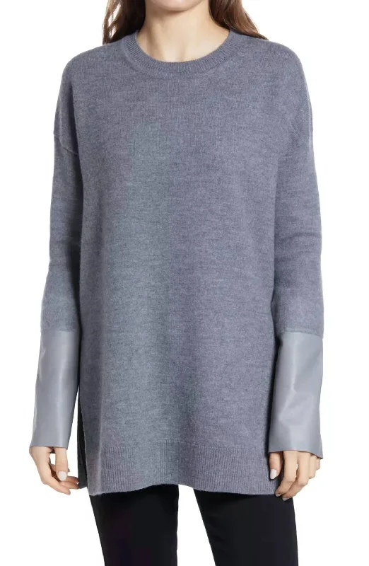 Leather Cuff Mid Length Side Slits Wool Sweater In Gray