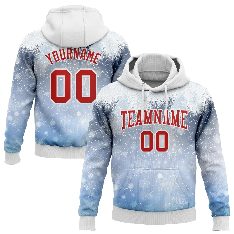 Custom Stitched Light Blue Red-White Christmas Snowflakes 3D Sports Pullover Sweatshirt Hoodie