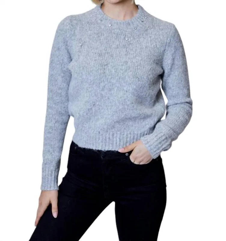 Long Sleeve Embellished Sweater In Heather Stone