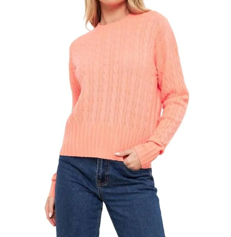 Cathy Cashmere Cable Knit Top In Neon Coral