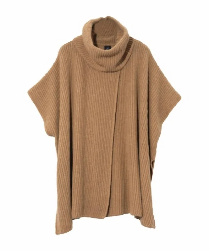 Women's Ribbed Poncho In Camel Heather