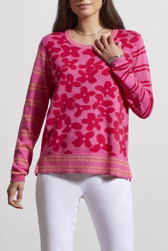 Crew Neck Pointelle Sweater In Pink