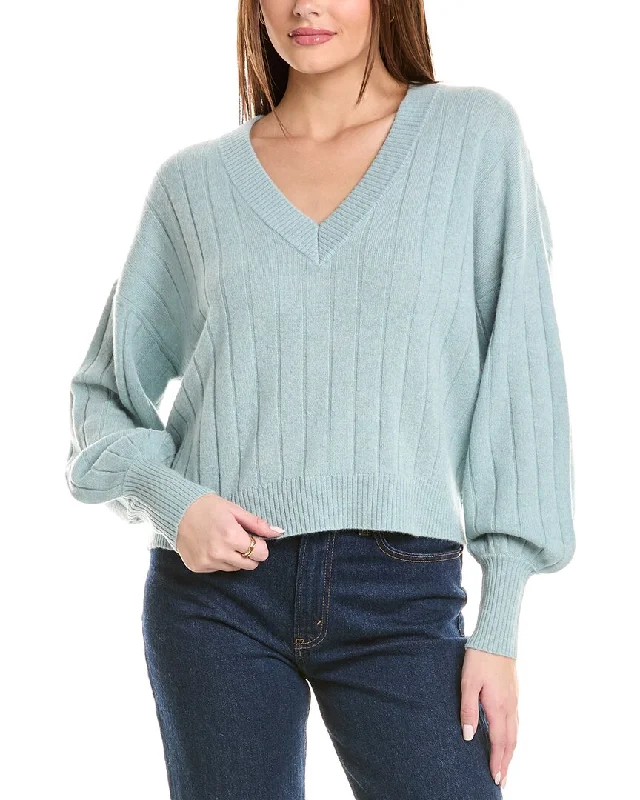 27 Miles Malibu womens  Ribbed V-Neck Lantern Sleeve Cashmere Sweater, m, Blue