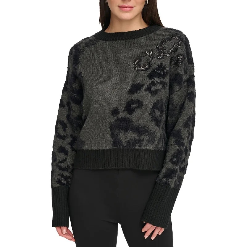 Womens Sequined Printed Crewneck Sweater