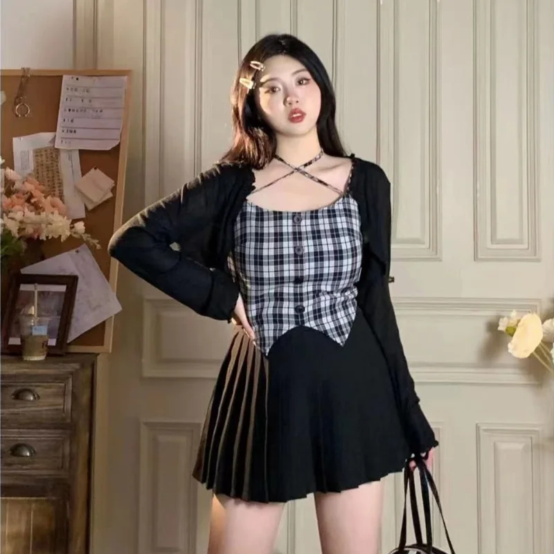 Cool girl dress oufit design sense cardigan + suspenders + skirt three-piece set  LL-065