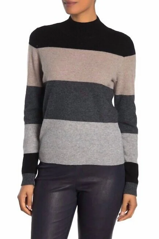 Cashmere Pullover Mock Neck Wide Stripes Sweater In Multicolor