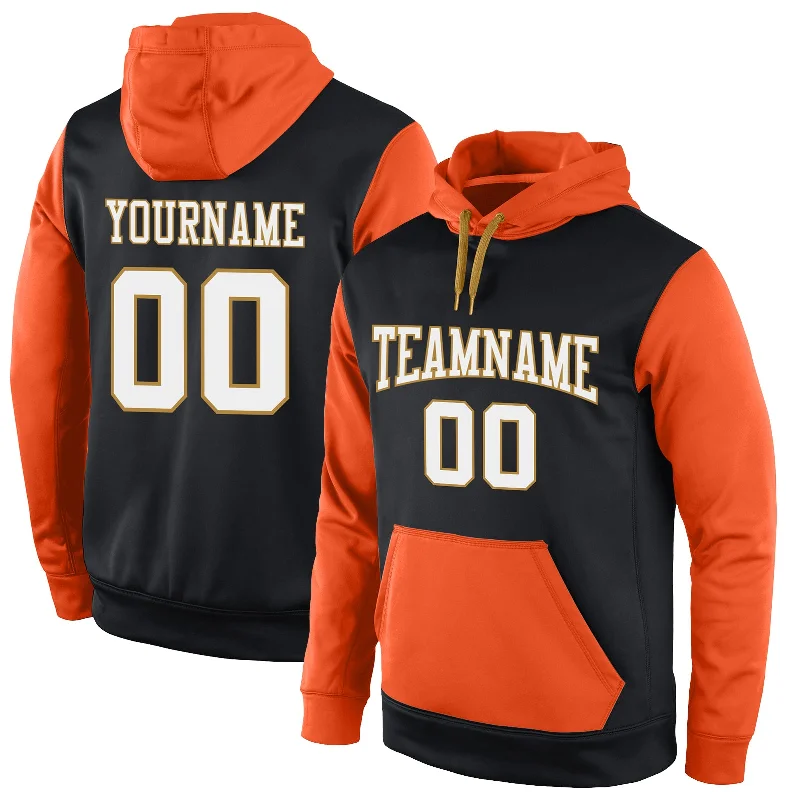 Custom Stitched Black White-Orange Sports Pullover Sweatshirt Hoodie