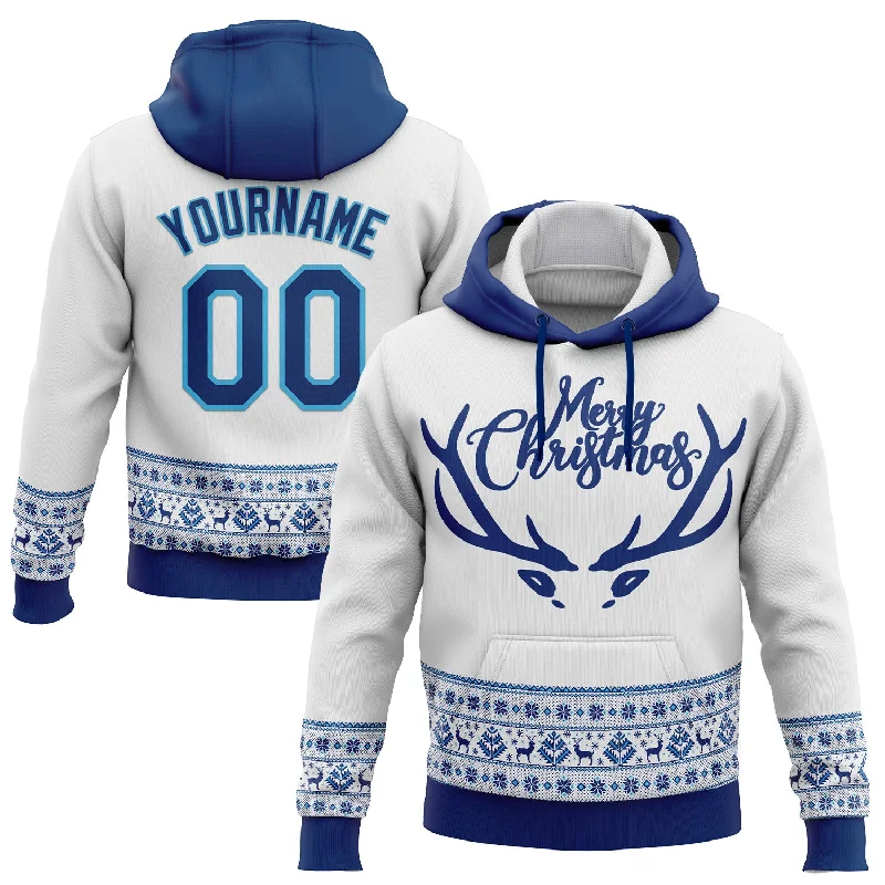 Custom Stitched White US Navy Blue-Sky Blue Christmas 3D Sports Pullover Sweatshirt Hoodie