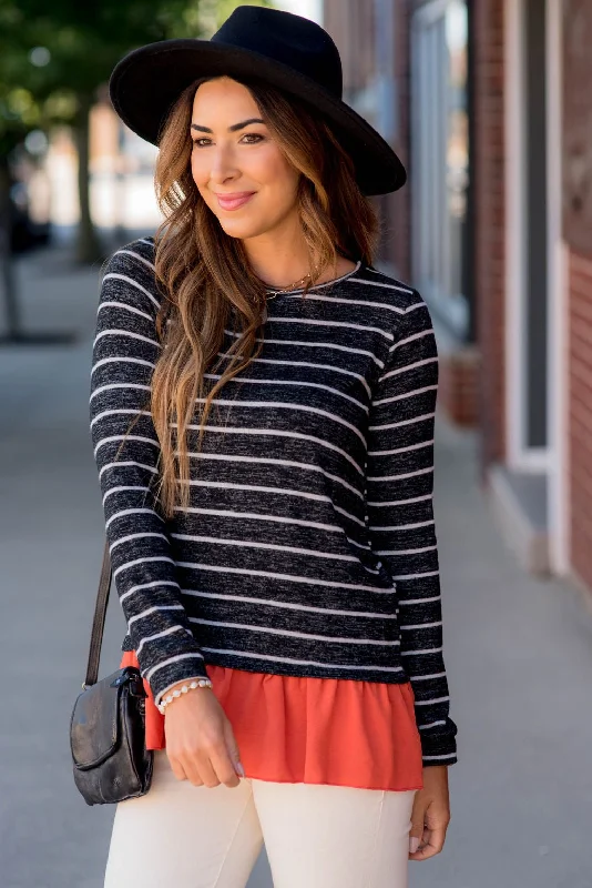 Striped Ruffle Bottom Sweater Tee