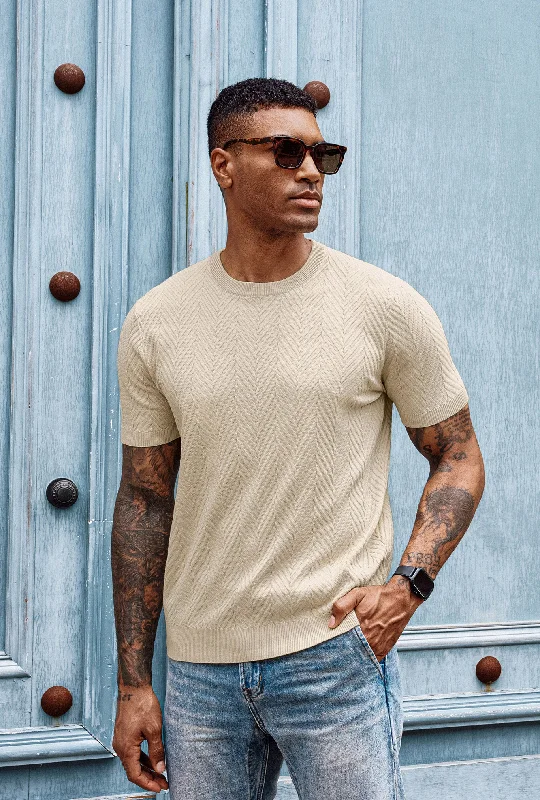 Men Herringbone Textured Sweater Short Sleeve Crew Neck Knitted T-Shirt