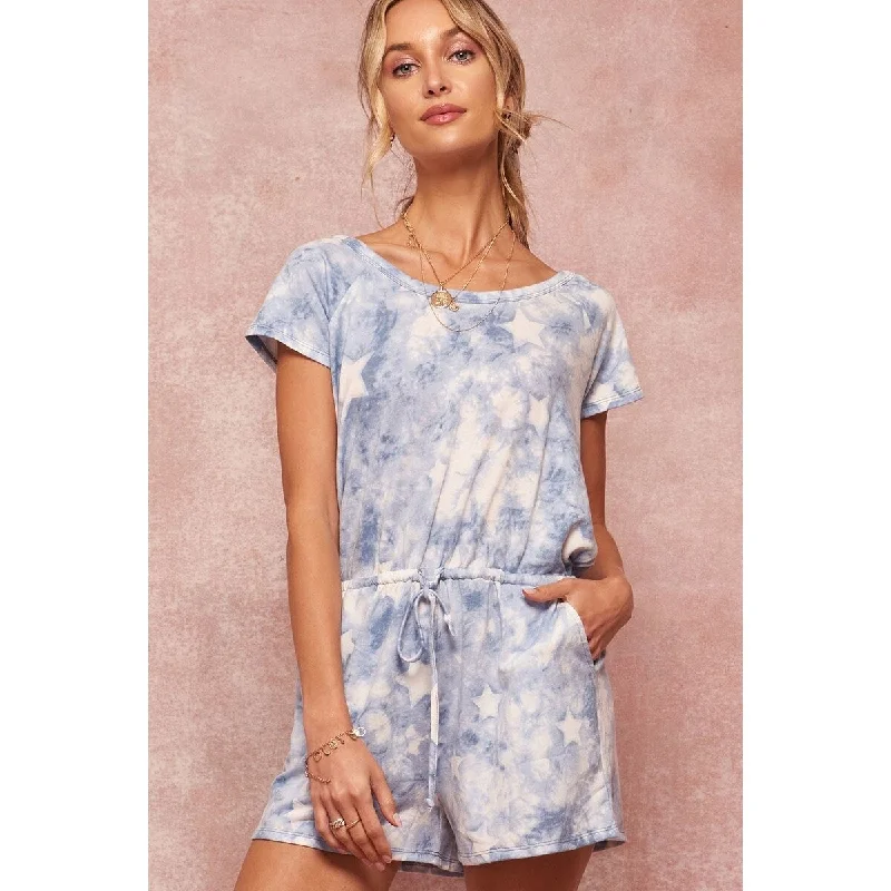 Blue Star-Pattern Tie-Dye Knit Romper with Short Raglan Sleeves