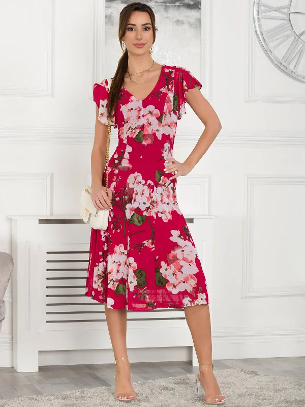 Acela Floral Print Mesh Dress, Plum