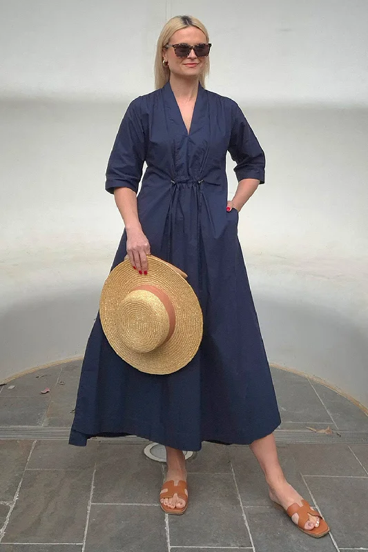 Finley Poplin Kaftan Dress in Navy