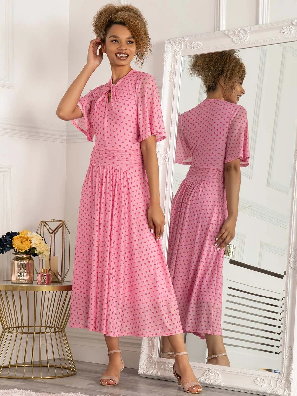 Jolie Moi Danika Keyhole Neck Mesh Dress, Pink Polka