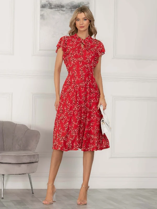 Jolie Moi Luella Floral Print Mesh Dress, Red Floral