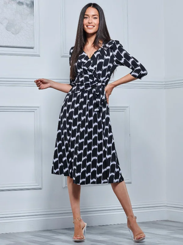 Sylvie Wrap Collar Dress, Black Geo