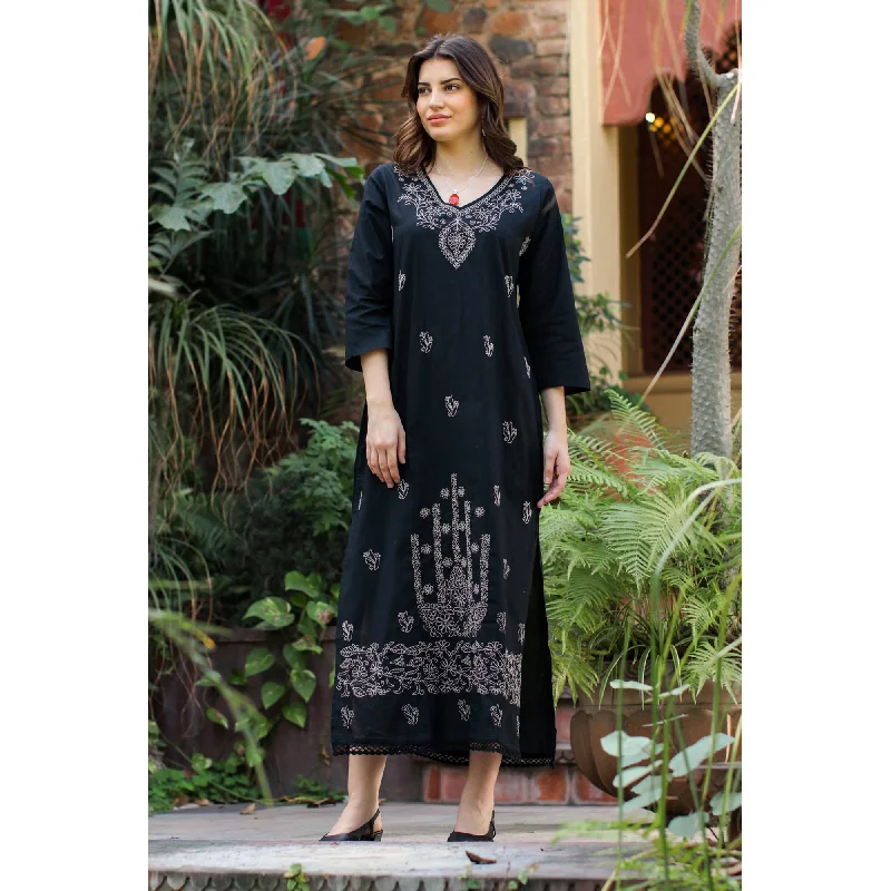 Novica Handmade Midnight Bliss Embroidered Cotton Sheath Dress