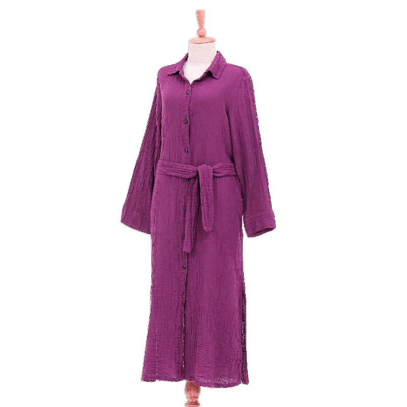 Novica Handmade Street Smarts In Mulberry Cotton Shirtwaist Dress