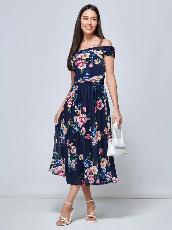 Rawiya Bardot Neck Mesh Dress, Navy Floral