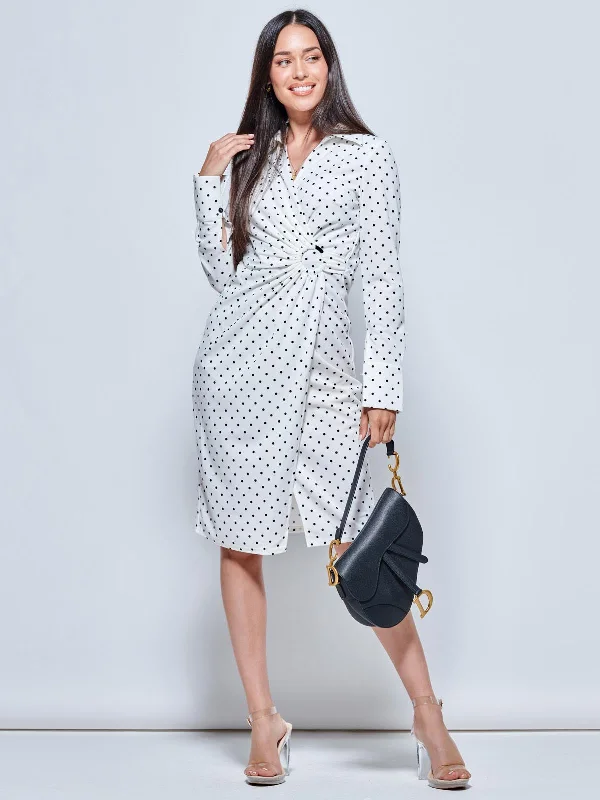 Wrap Front Buckle Detail Shirt Dress, White Polka Dot