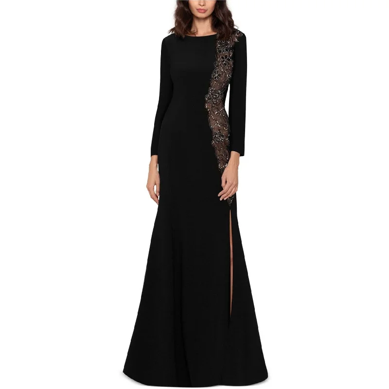 XSCAPE Womens Embellished Illusion Sheath Slit Dress, Black, 16