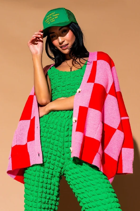 Love You Oversized Checkerboard Cardigan in Red + Pink