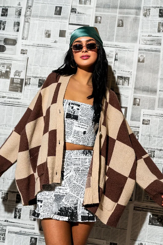 Love You Oversized Checkerboard Cardigan in Chai Latte