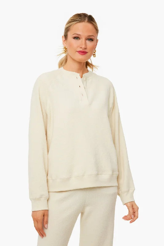 Washed White Fleece Slouch Henley Sweatshirt