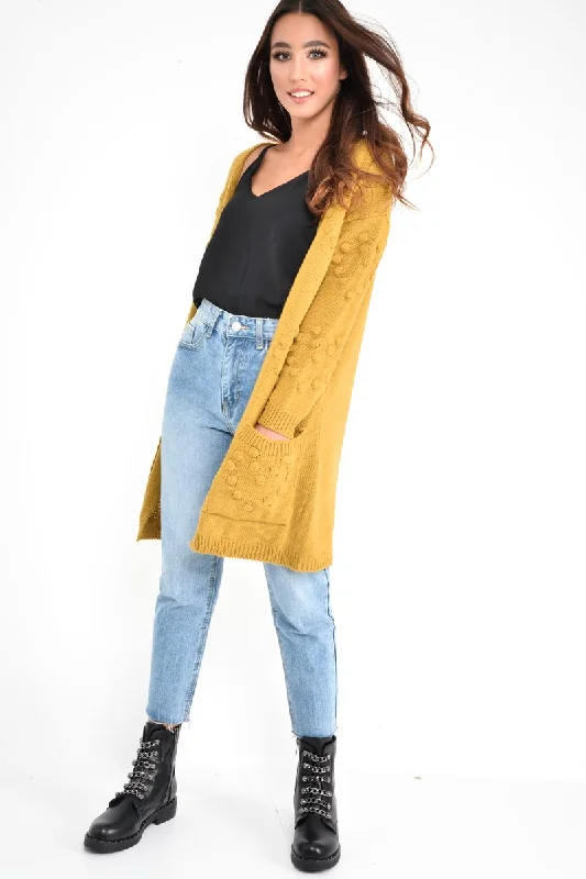 Mustard Knitted Longline Bobble Cardigan - Annette