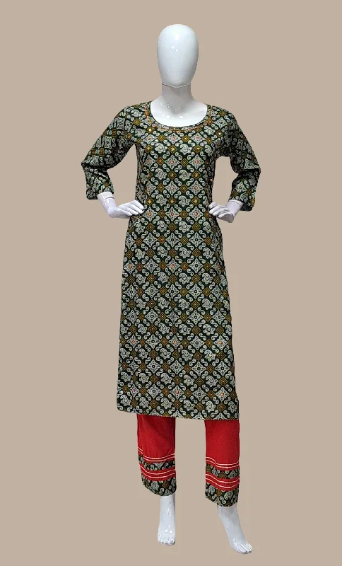 Dark Green Printed Kurti Top & Pants