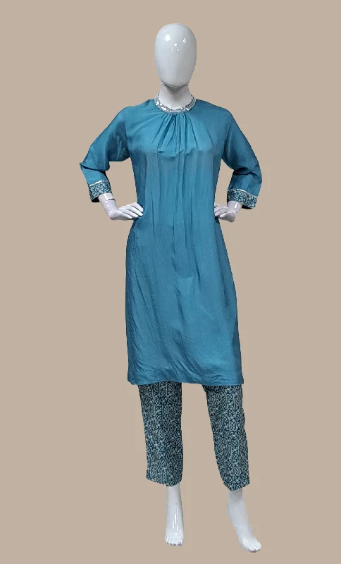 Deep Baby Blue Embroidered Kurti Top & Pants