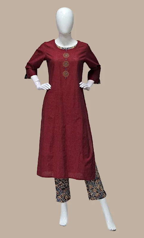 Deep Maroon Embroidered Kurti Top & Pants