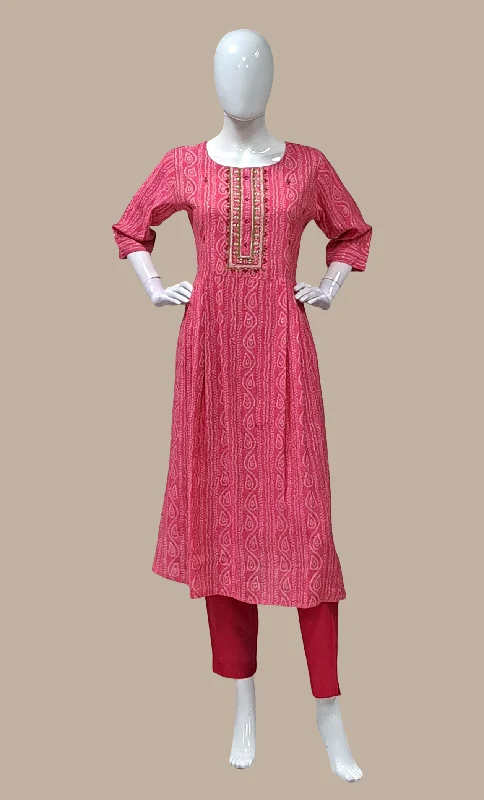 Deep Pink Printed Kurti Top & Pants