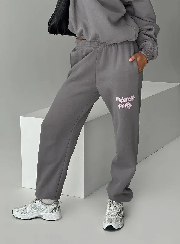 Princess Polly Track Pants Puff Text Charcoal