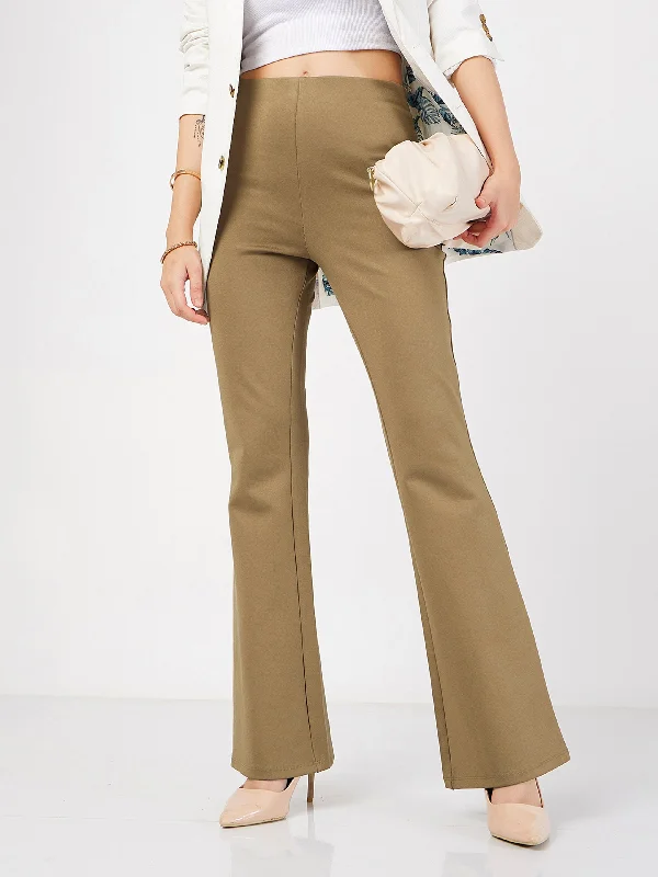 Women Beige Bell Bottom 4-Way Stretch Pants